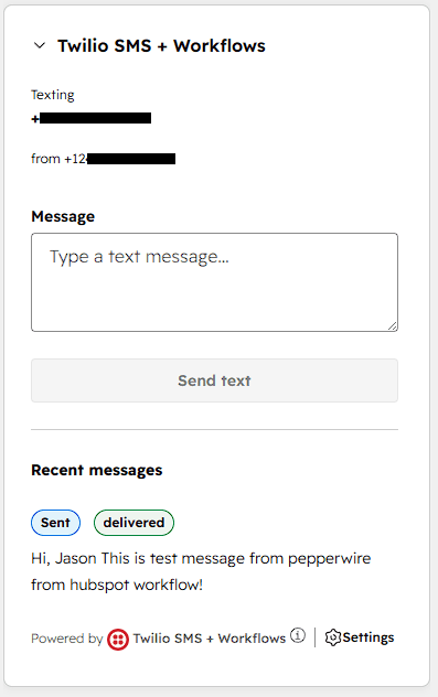 The Pepperwire card in a HubSpot contact record sidebar, with a message box, a Send text button, and recent messages marked sent and delivered.