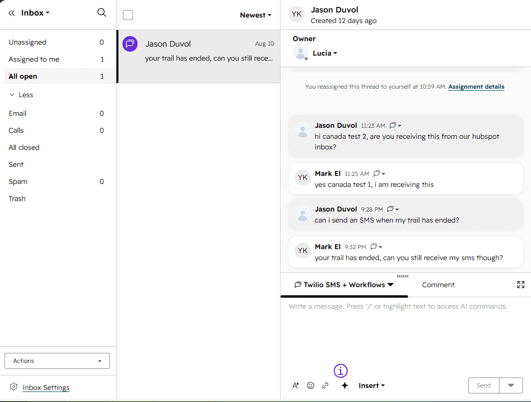 A HubSpot inbox thread with SMS messages going both directions and the Twilio SMS reply editor open at the bottom.