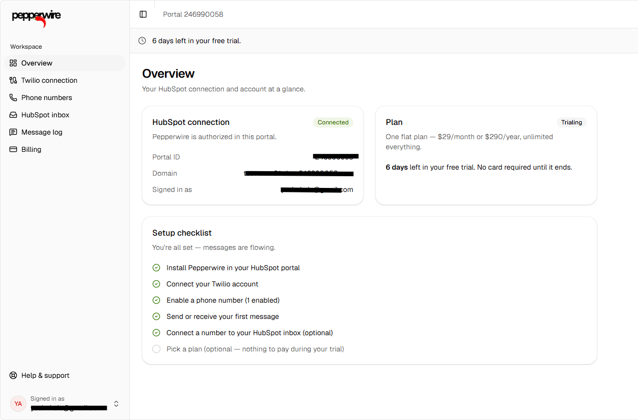 The Pepperwire dashboard after install. The setup checklist tracks what's left to do.