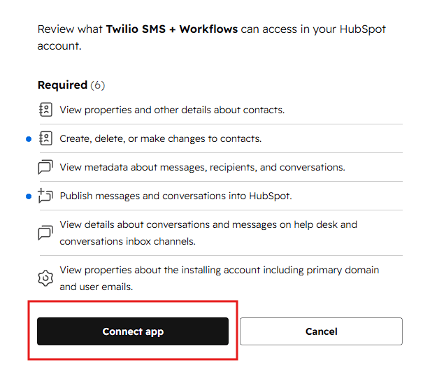HubSpot's permissions screen, listing what the app can access. Click Connect app to approve.
