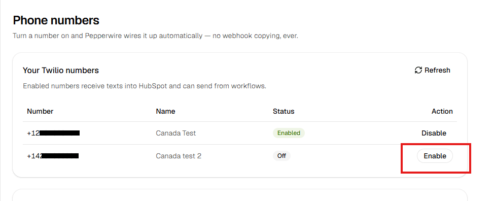 Click Enable next to a number to start using it in HubSpot.