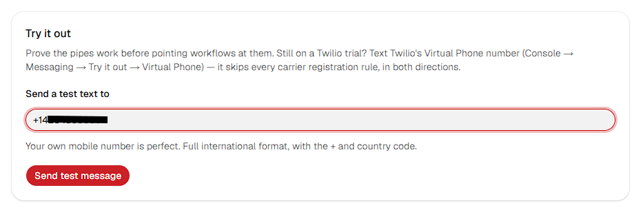 The test send on the Phone numbers page. Prove the connection works before pointing workflows at it.