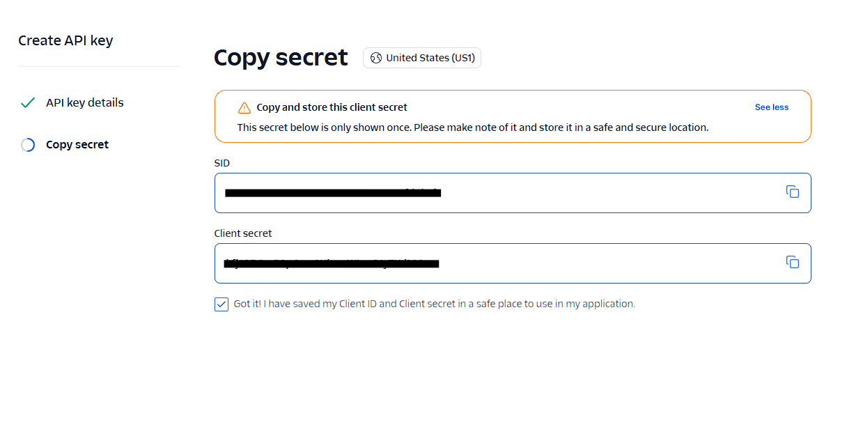 Twilio shows the API key SID and Secret once. Copy both before leaving this page.