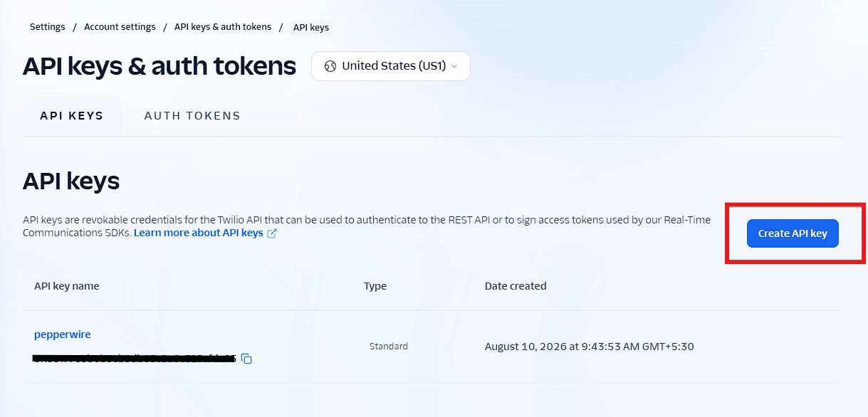 Creating a Standard API key in the Twilio Console under Account → API keys & tokens.
