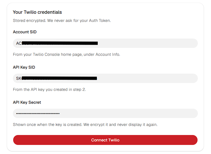 The Twilio connection form in Pepperwire. All three values come from the Twilio Console.